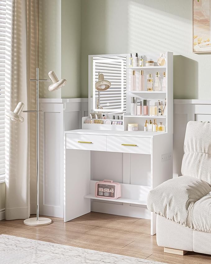 Vanity Desk with Mirror, Makeup Vanity with Led Lights, Dressing Table with Power Outlet, Drawers, 3 Color Modes, White WX321HDT