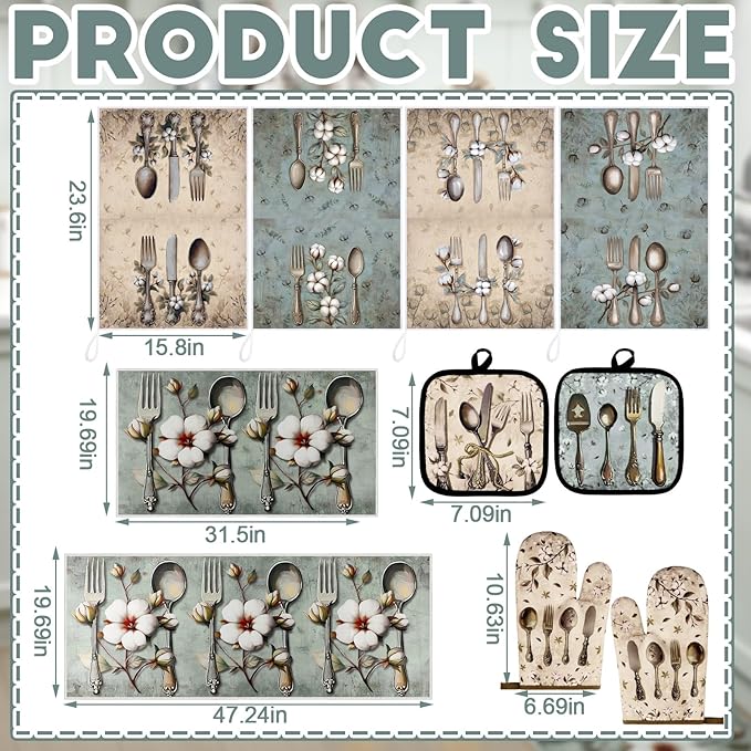 Fourluoo 10 Pcs Farmhouse Kitchen Decor and Accessories Set 4 Kitchen Towels 2 Pot Holders 2 Oven Mitts 2 Rugs for Cooking Baking Mom Housewarming Gifts(Soft Color,Elegant Style)