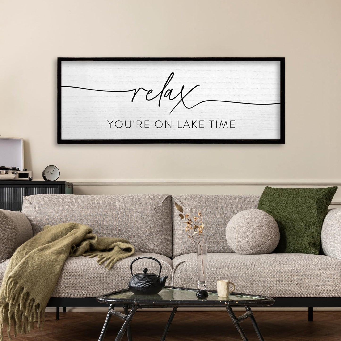 TQianJiang Relax You're On Lake Time Wall Decor 32"×12"" Lakeside Quote Sign Lake House Decor for Living Room Bedroom Large Rustic Wooden Framed Wall Hanging Art (Black)"