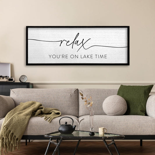 TQianJiang Relax You're On Lake Time Wall Decor 32"×12"" Lakeside Quote Sign Lake House Decor for Living Room Bedroom Large Rustic Wooden Framed Wall Hanging Art (Black)"