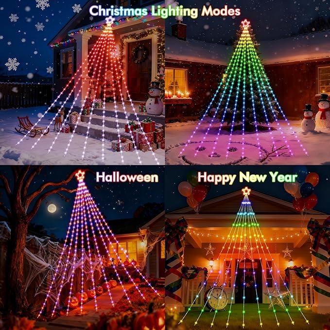 16.4FT Outdoor Christmas Decorations, Smart RGB Color Changing Christmas Hanging Waterfall String Lights, APP Remote Control, DIY Multi-Color Lightshow, Music Sync, Outside Xmas Lights Decor