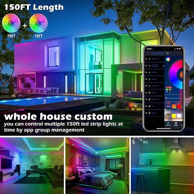 AILBTON 150ft Led Strip Lights(2 Rolls of 75ft led Lights) Ultra Long Led Light Strip with App Voice Control Remote,5050 RGB Music Sync Color Changing Led Lights for Bedroom,Party,Home Decoration