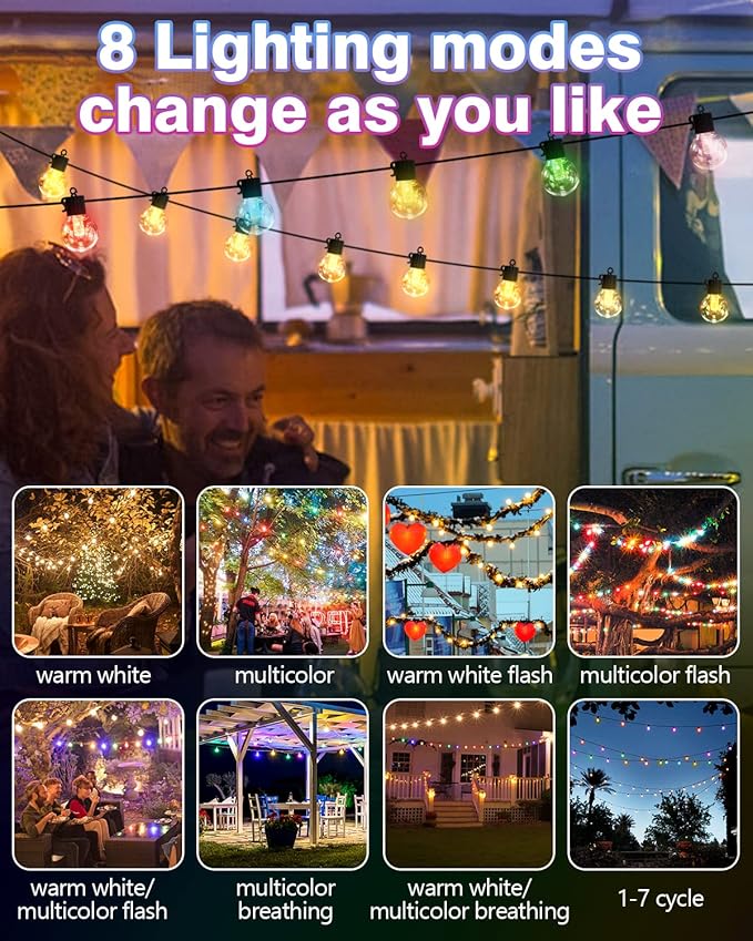 Solar String Lights Outdoor Waterproof,50FT 25LEDs Warm White & Multicolor Hanging Lights G40 Globe Solar Powered String Lights Outdoor with 8 Modes,Timer,Solar String Light for Outside Patio Yard