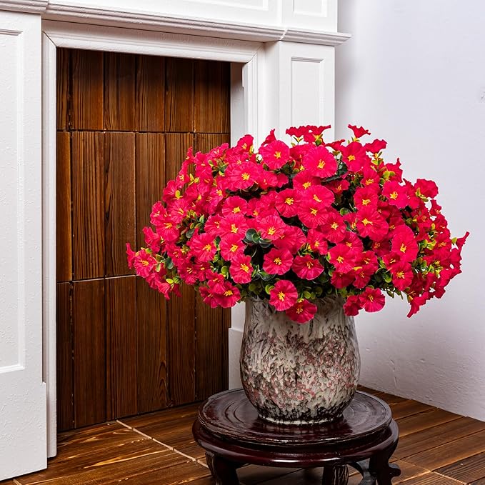 Artificial Faux Flowers for Outdoor 16 Bundles Boxwood Fake Morning Glory for Planter,UV Resistant Fake Flowers for Home Porch Patio Outside（Rose Red）