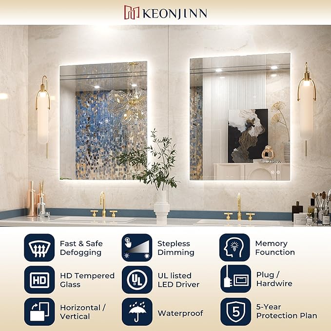 Keonjinn 55 x 36 Inch LED Bathroom Mirror with Backlit, Anti-Fog Vanity Mirror, CRI90+ HD Tempered Glass, Stepless Dimmable, High Lumen, UL Listed, IP44 Waterproof, Horizontal/Vertical