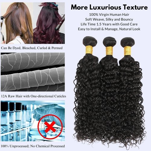 MOMOSHERO Water Wave Human Hair Bundles - Natural Black Wet & Wavy Curly Sew In Weave, Soft & Shed-free 12A 100% Brazilian Virgin Remy Hair - 3 Bundles, 12, 14, 16 Inch
