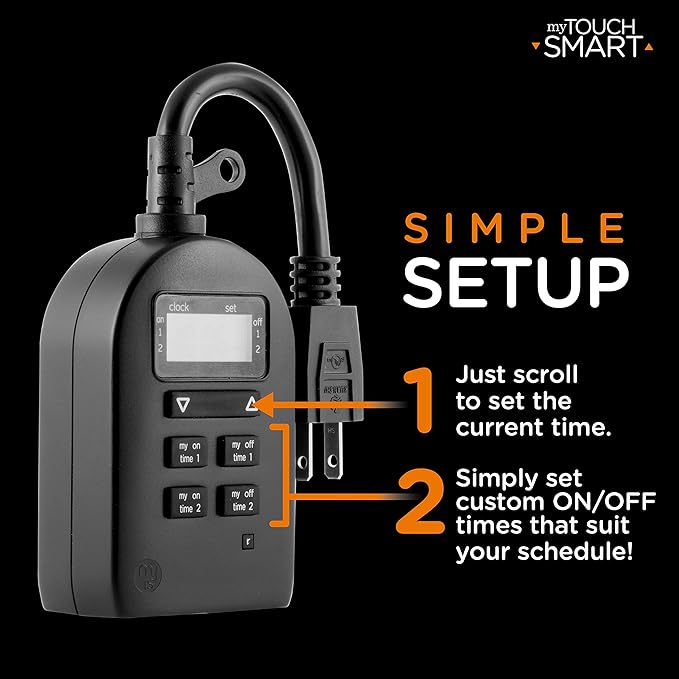 myTouchSmart Indoor/Outdoor Plug-in Digital Timer, One Grounded Outlet, Two Easy-to-Set Custom Daily On/Off Times, Weather Resistant, Ideal for Small Pumps and Seasonal Lighting, 36027 (Pack of 3)