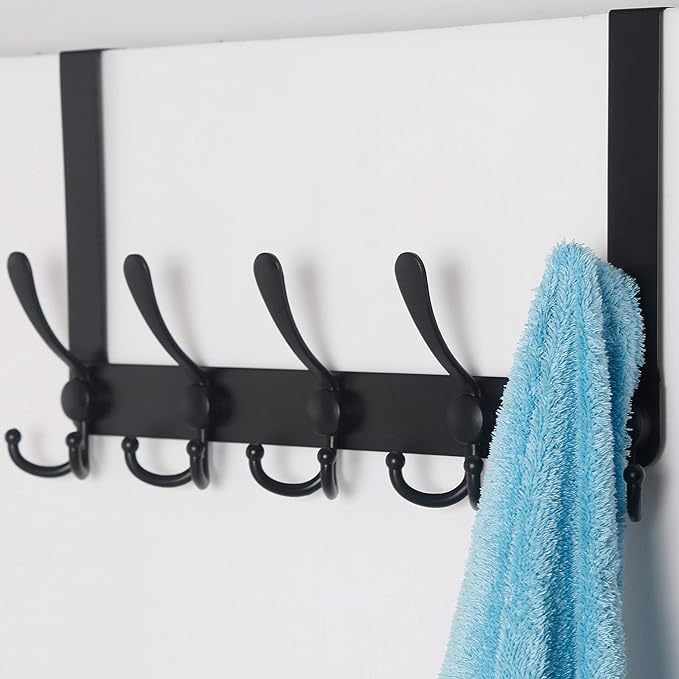 SKOLOO Over The Door Hook - for Doors up to 1-3/4'' Thickness, Metal Door Hanger with 5 Triple Hooks, Black Over The Door Hanger for Coats, Hats, Towels, Assembly Required