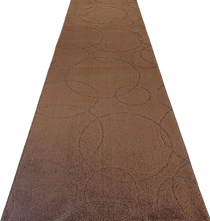 Custom Size Modern Geometric Pattern Carpet Runner Rug for Hallways, Slip Resistant Latex Rubber Backed, 31 inch Wide X Customized Length, Circles Brown, 31 inch X 18 feet