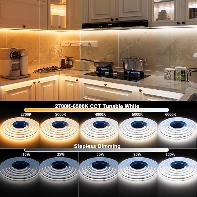 MIWISE COB LED Strip Light White LED Tape Lights 2700K-6500K 24V Color Changing Dimmable 6.56ft UL-Listed Super Bright with Remote & APP Control for Under Cabinets,Bedroom,Mirror,TV DIY Lighting