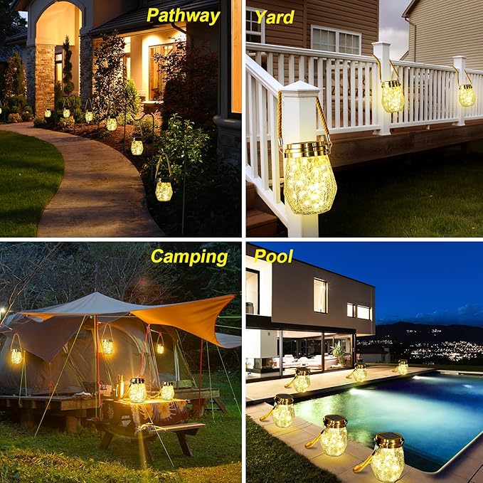 Solar Lantern Outdoor, 2 Pack Hanging Solar Lights Outdoor Waterproof, Upgraded 60 LED Lanterns Decorative Outdoor Garden Decor for Yard Pathway Patio Christmas Halloween, Warm White, ‎LD01