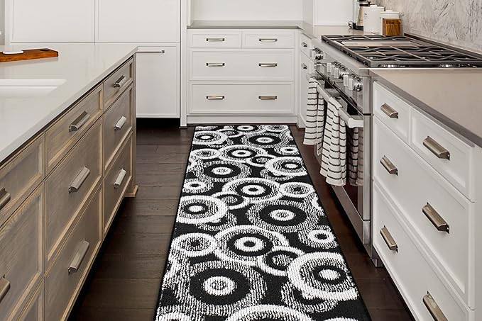 Custom Length Cut to Size Modern Farmhouse Carpet Runner Rug for Hallways, Non Slip Rubber Backed, 31 inch Wide X Customized Length, Geo Black, 31 inch X 12 feet