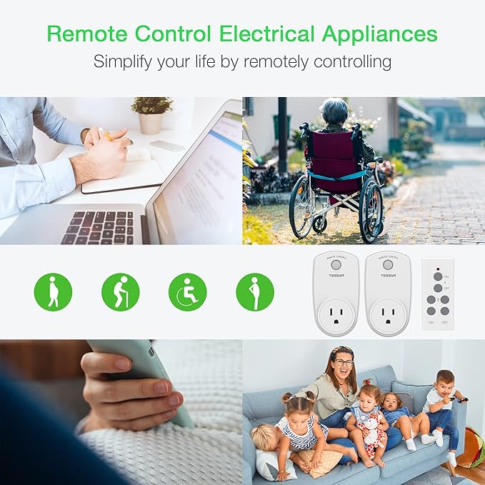 2 Pack Remote Control Outlet, TESSAN Wireless Electrical Plug Switch for Lights, Lamps, Fans, 100ft RF Range, 1200W (1 Remote + 2 Outlet)