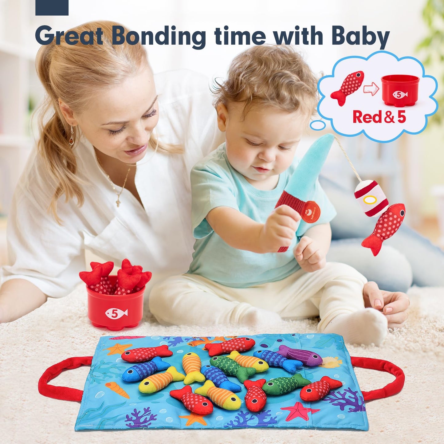 hahaland Montessori Toys for 1 Year Old - 10 in 1 Cloth Toddler Fishing Game with Stacking Cups, Baby Toy 12-18 Months One Year Old Boy Birthday Gift, Toddler Toys for 1 2 Year Old Boy Girl Gifts