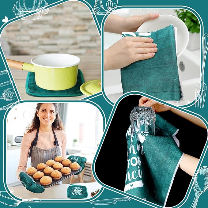 Fourluoo 10 Pcs Farmhouse Kitchen Decor and Accessories Set 4 Kitchen Towels 2 Pot Holders 2 Oven Mitts 2 Rugs for Cooking Baking Mom Housewarming Gifts(Light Blue,Classic Style)