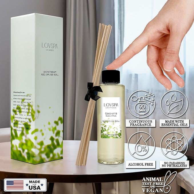 LOVSPA Coconut & Eucalyptus Diffuser Oil - Luxury Essential Oils for Diffuser Refill & Air Freshener Room Spray - Long-Lasting & Natural Home Fragrance, Scented Oil for Diffusers, USA Made, 4oz
