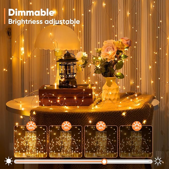 4 Pack 65.6 Ft. Battery Operated Outdoor String Lights with Remote & Timer, LED Warm White Fairy Lights, Waterproof Twinkle Lights for Bedroom, Dorm, Mason Jar, Wedding, Party, Christmas