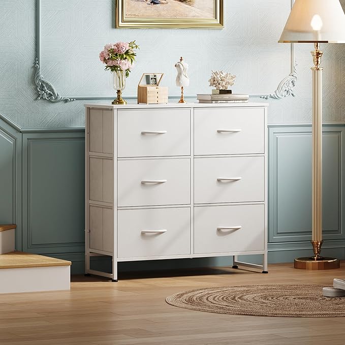 WLIVE White Dresser for Bedroom, 6 Drawer Double Dresser, Fabric Storage Tower with Fabric Bins, Chest of Drawers for Closet, Living Room, Hallway