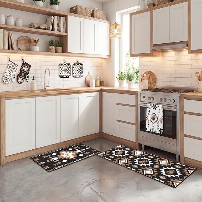 Southwestern Kitchen Decor Set 10 Piece - Aztec Geometric Tribal Pattern Kitchen Rugs, Towels, Oven Mitts and Pot Holders - Modern Boho Native American Style Accessories for Home Apartment