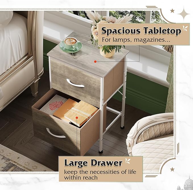 WLIVE Night Stand, Greige Nightstand with 2 Fabric Drawers, Small Dresser for Bedroom, Bedside Table End Table with Storage Drawer, College Dorm, Dormitory, Greige Oak, Size L