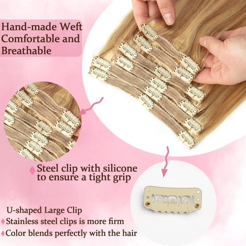 Human Hair Clip in Extensions Dark Blonde Highlighted Bleach Blond Full Head Silky Straight Clip in Natural Remy Human Hair Extensions 120g 8pcs (16 inch, #18/613)