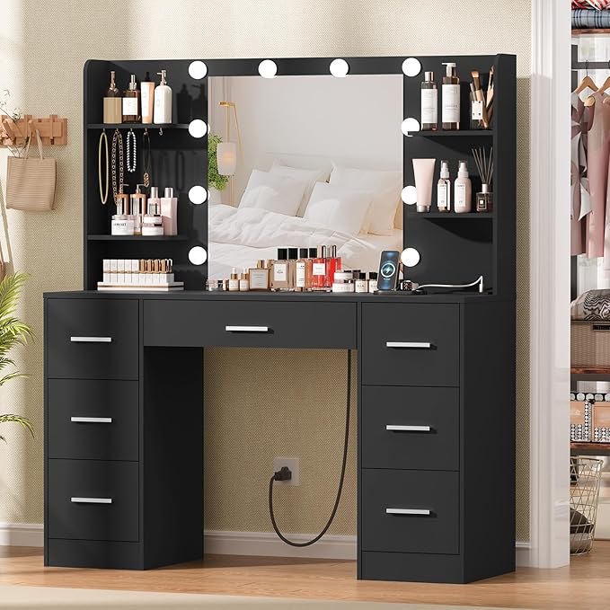 Quimoo Large Vanity Desk with LED Lighted Mirror & Power Outlet,Makeup Vanity Table with 7 Drawers,4 Shelves and 5 Hooks,Vanity Table, Vanity Desk Set for Bedroom,Bathroom，Black