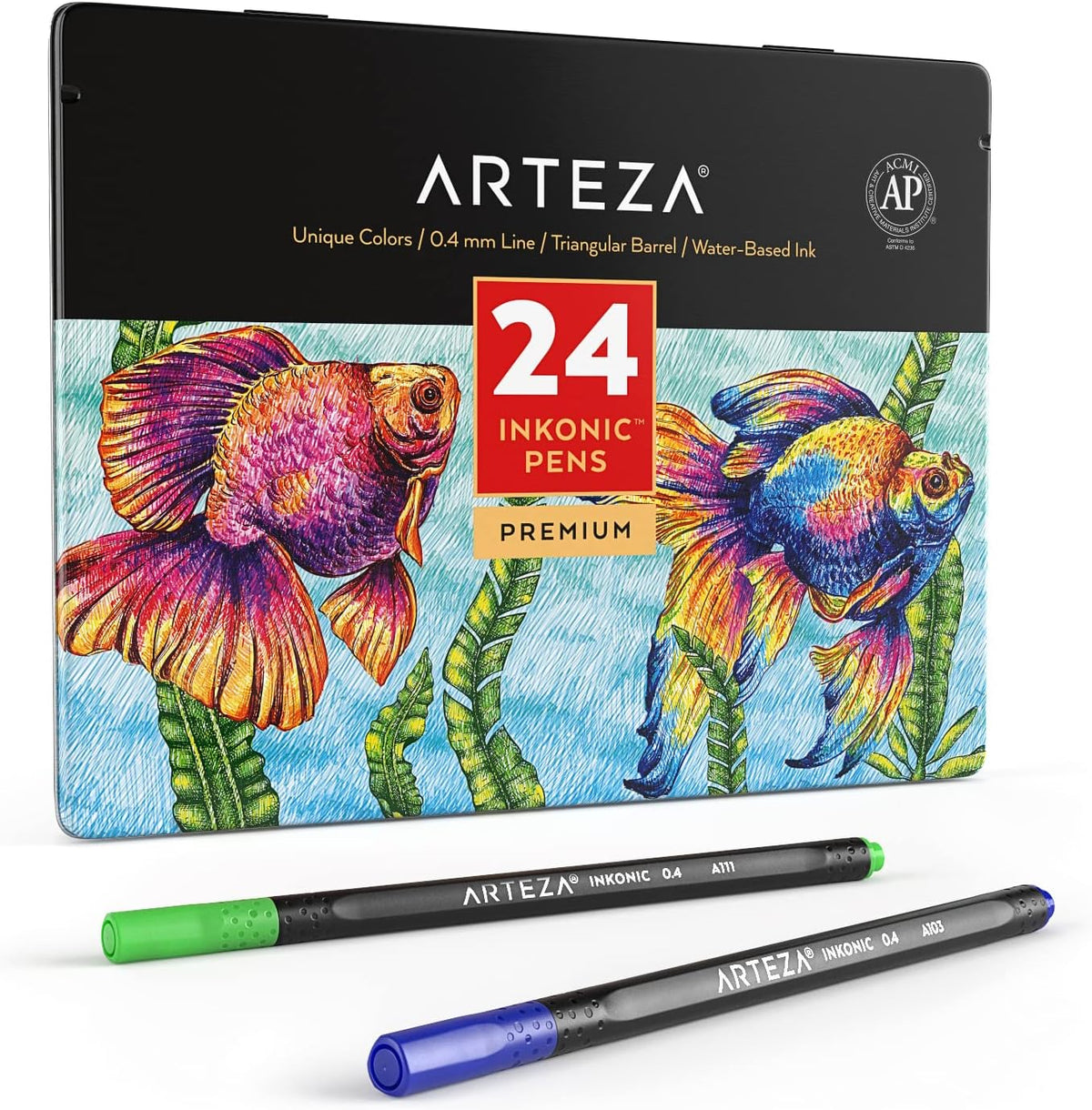 ARTEZA Inkonic Fineliners Pens, Set of 24, 0.4 mm Fine Tip Markers, Water-Based Art Pens for Drawing, Sketching, Journaling, Calligraphy