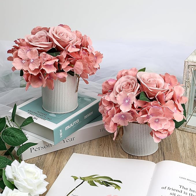 Flower Table Centerpieces - Set of 6 Floral Arrangement Artificial Wedding Hydrangeas Floral Arrangement with Rustic Metal Vase for Bridal Tea Party Event Decorations - Deep Pink