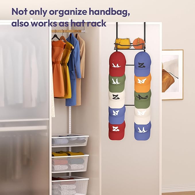SWTYMIKI Over The Door Purse Organizer - Wall Mounted Purse Rack with 10 Hooks and Metal Basket, Hanging Handbag Storage Organizer Holds up to 10 Bags, Bag Rack Can Use As 1/2 Part, for Door, Closet
