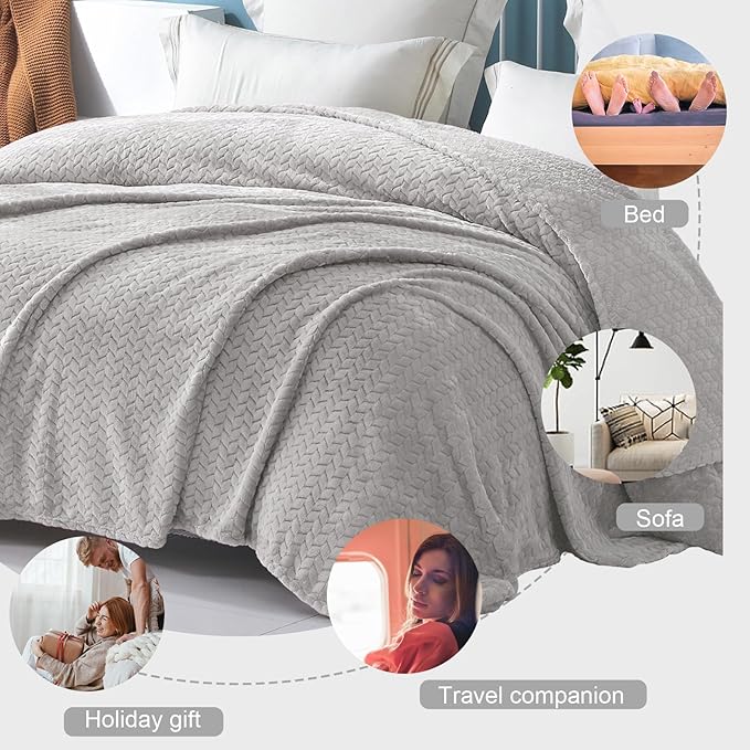 Exclusivo Mezcla Fleece Throw Blanket for Couch, 50x70 Inches Soft Cozy Jacquard Flannel Blankets, Lightweight Fuzzy Plush Warm Throws for Winter, Light Grey