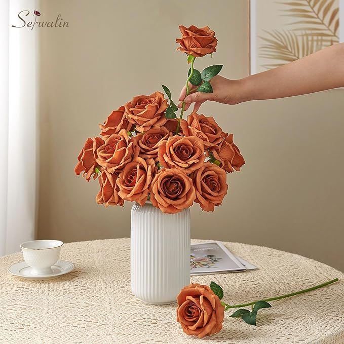 Serwalin 20pcs Artificial Burnt Orange Roses, 4'' Big Flower Head Fake Roses, Velvet Real Touch Roses, Silk Roses Long Stems for Home Decor Wedding Bouquet and Table Centerpiece
