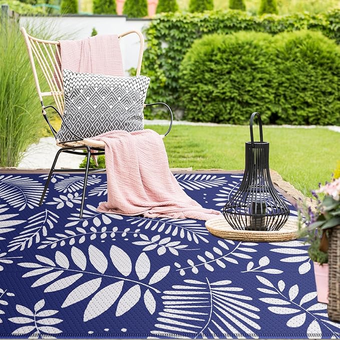 StepRite Outdoor Rug, Patio Rug, Plastic Straw Camping Rugs, Large Waterproof Area Rug and Mat for Outdoors, RV, Patio, Backyard, Deck, Porch, Beach, Balcony, (8'x 10', White & Blue)