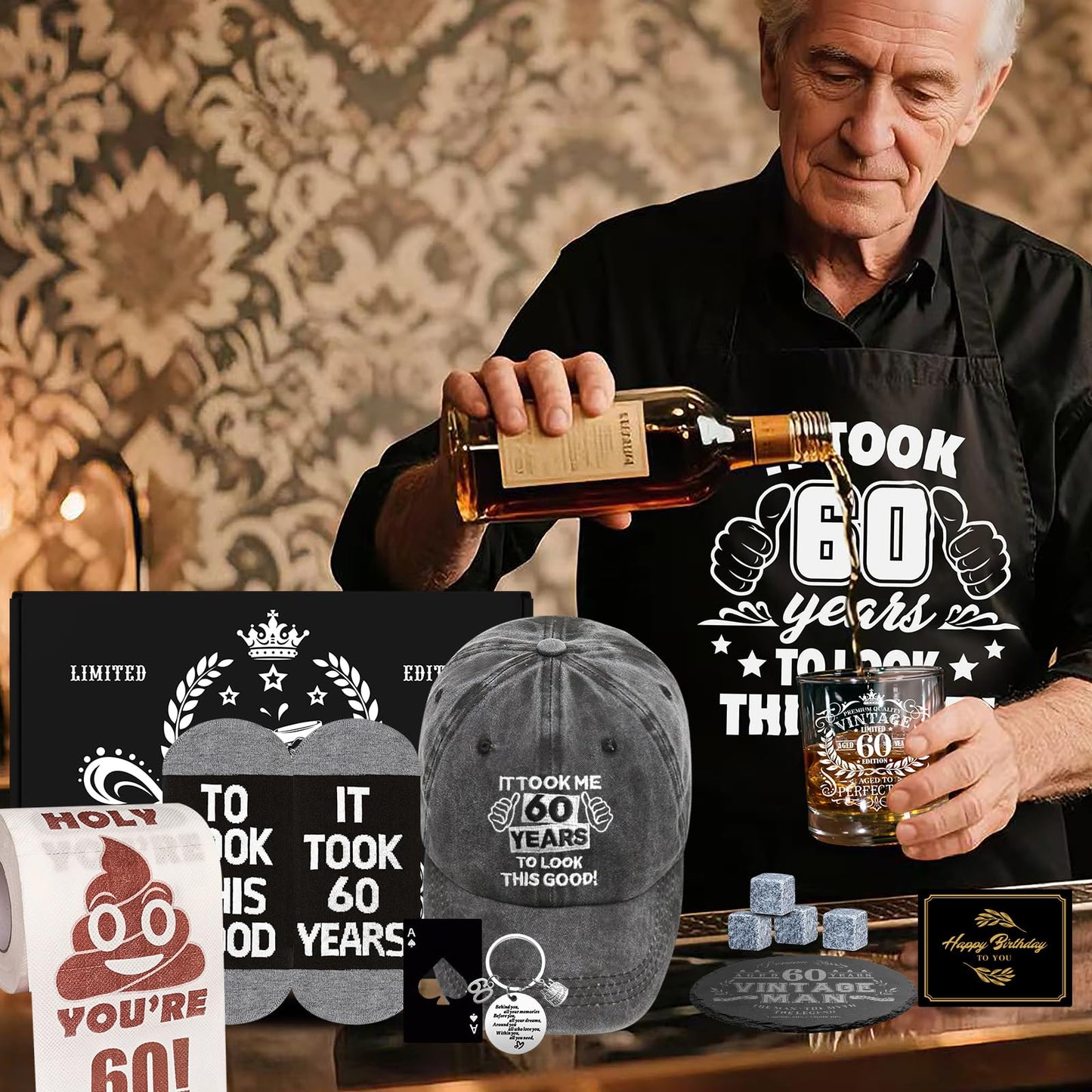 60th Birthday Gifts for Men Whiskey Glass Set, 60th Birthday Party Supplies with 11 Oz Whiskey Glass Coaster Stone Baseball Cap Apron Sock Funny Toliet Paper Keychain for Him, Dad, Husband, Friends