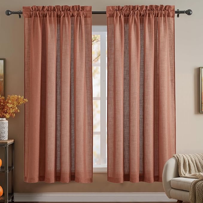 RYB HOME Natural Linen Curtains 72 inch Length, Thick Heavy Textured Breathable Privacy Assured Wrinkle Resistance Boho for Dining Room Laundry Room, W 52 x L 72 inches, Terracotta, 2 Panels