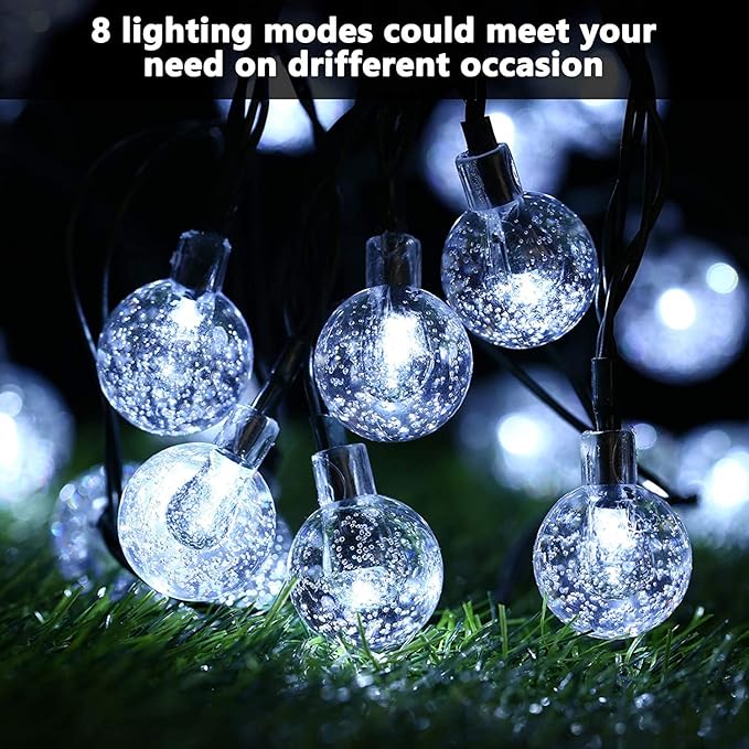 20 LED Crystal Globe Solar String Light Extra-Bright Outdoor Lights with 8 Lighting Modes Waterproof Solar Powered Patio Hanging Light for Garden Yard Porch Wedding Party Decor(White)