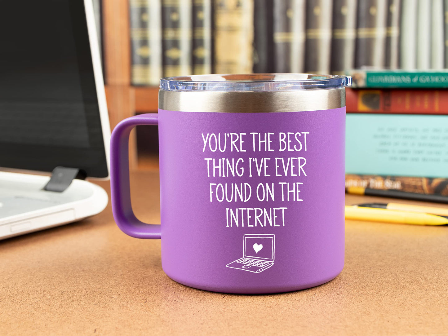 KLUBI Best Thing I Found On The Internet Mug - Wife Birthday Gift Ideas 14 Ounce Purple Tumbler With Handle Gifts for Girlfriend Birthday Gifts Mothers Day Present