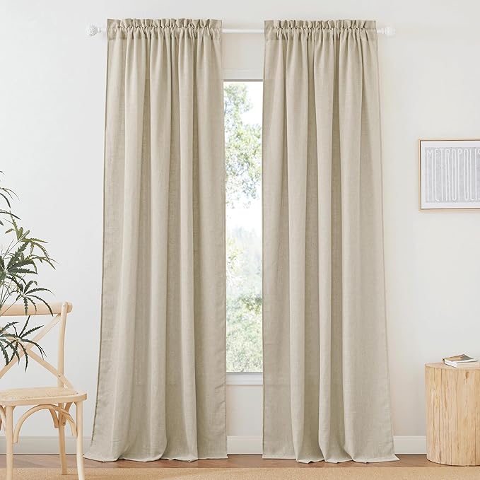 RYB HOME Sheer Curtains Linen Texture Living Room Bedroom Sliding Glass Door, Beige, W 52 x L 95, 2 Panels