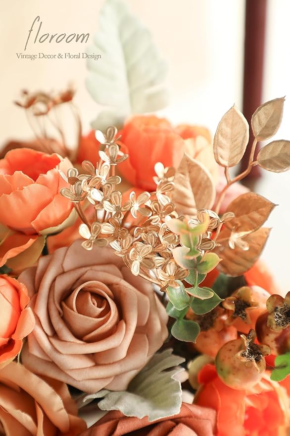 Floroom Artificial Greenery Stems Box Set, 63pcs with 7 Kinds of Faux Greenery Flowers Picks for DIY Bridal Bouquets Wedding Floral Arrangement Table Centerpieces, Burnt Orange & Green