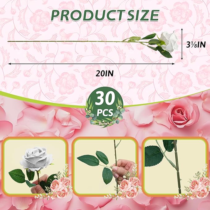 30 PCS Fake White Roses, Artificial White Flowers Bulk Realistic Silk Faux Roses with Stems for Wedding Decorations Table Centerpieces Bridal Bouquet DIY Floral Arrangement Event Party Home Decor