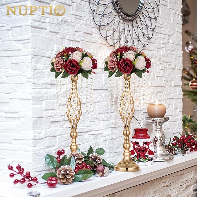 NUPTIO Artificial Flower Centrepieces for Tables - 2 Pcs Burgundy & Dusty Rose & Creamy White Fake Flowers Roses Balls 9.5in Diameter - Silk Faux Rose Arrangement for Wedding Party Table Decor