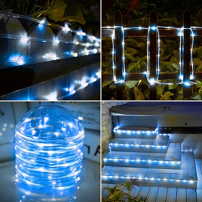 Solar Rope Lights, 2 Packs Total 132ft 400LED Solar String Lights, 8 Modes Waterproof Solar Powered Outdoor Light, Flexible Clear Tube Light for Garden Yard Patio Deck Porch Tree Xmas Decor-White&Blue