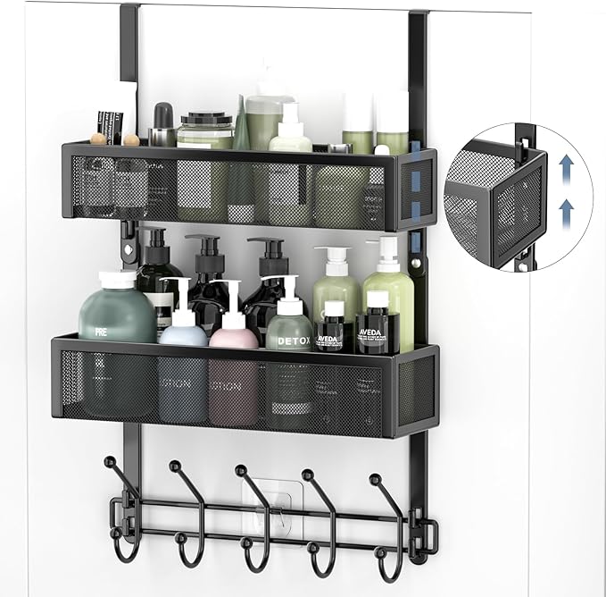 Adjustable Over The Door Hooks Organizer, Door Hanger Coat Rack with 2 Mesh Baskets and 10 Hooks, Back of Door Storage Organizer for Bedroom,Bathroom,Kitchen (Black)