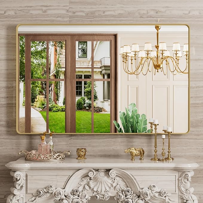 Gold Bathroom Mirror, 48x30 Inch Brushed Gold Metal Frame Mirror for Wall, Rounded Rectangle Bathroom Vanity Mirror, Tempered Glass, Anti-Rust, Horizontal/Vertical