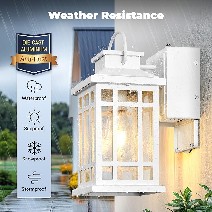 Outdoor Wall Light with GFCI Outlet, White 2-Pack Outside Lanterns for Porch Wall Mount, Dusk to Dawn Outdoor Lighting for House, Garage, Entryway, Doorway, Aluminum Waterproof and Anti-Rust