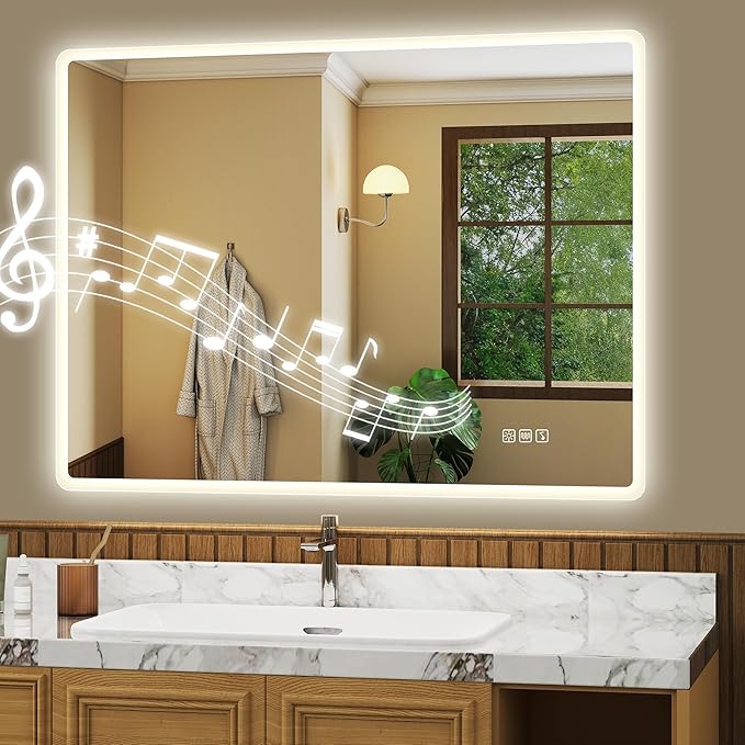 S'bagno 32" x 24" LED Bathroom Mirror with Lights, Bluetooth Speaker, Anti-Fog & Waterproof, Dimmable Wall Mirror with Touch Control, 3 Light Colors, Vertical or Horizontal, Ideal for Family Bathrooms