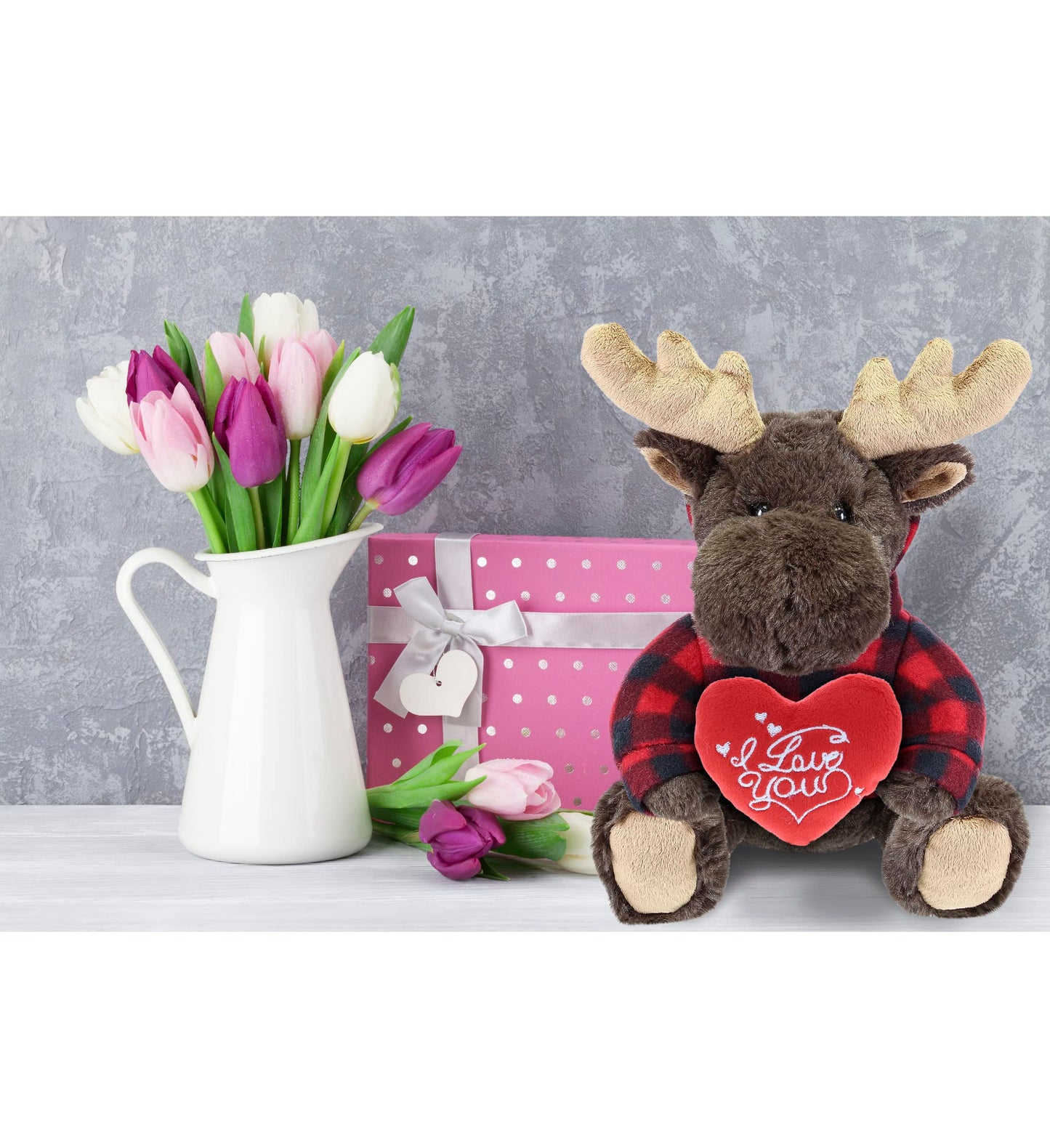 DolliBu I Love You Valentine Plush Moose with Red Plaid Hoodie - Cute Stuffed Animal with Red Heart and Name Personalization Gift for Valentines Day, Birthday, Anniversary, Romantic Date - 10 Inches
