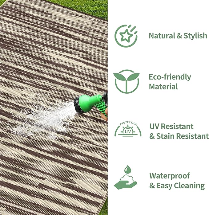 GENIMO Outdoor Rug for Patio Clearance, 5'x8' Waterproof Camping Mat, Reversible Plastic Straw Rugs for RV, Camper, Balcony, Backyard, Picnic, Deck (Coffee Beige)
