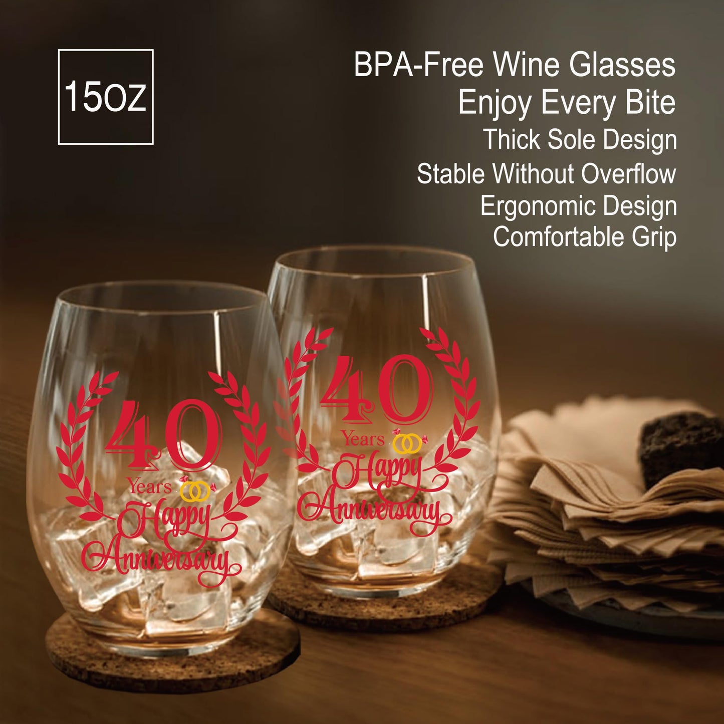 Perfectinsoy 40 Years Happy Anniversary Wine Glass Set of 2, 40th Anniversary Ruby Wedding Gifts for Mom, Dad, Wife, Soulmate, Couple, Funny Vintage Unique 40 Years Gifts, Wedding Present for Her Him
