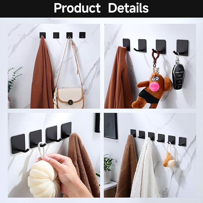 DELITON 6 Pack Towel Hooks for Hanging, Adhesive Hooks Stick on Wall for Bathroom Kitchen Heavy Duty Stainless Steel, Black