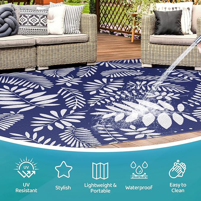 StepRite Outdoor Rug, Patio Rug, Plastic Straw Camping Rugs, Large Waterproof Area Rug and Mat for Outdoors, RV, Patio, Backyard, Deck, Porch, Beach, Balcony, (5'x 8', White & Blue)